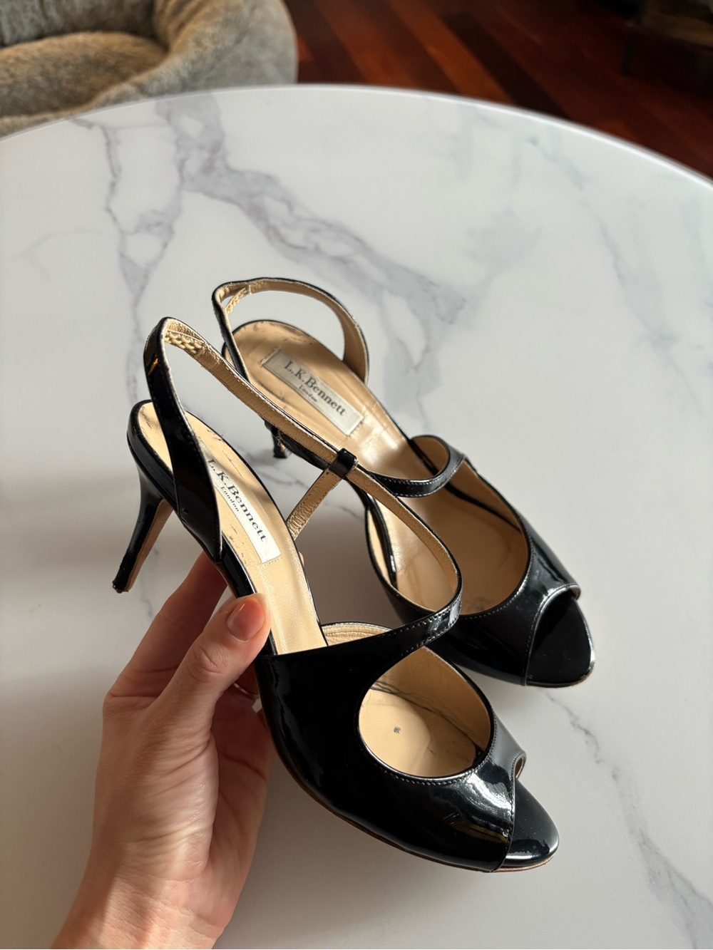LK Bennett Black Patent Peep-Toe Slingback Heels - Picture 2 of 6
